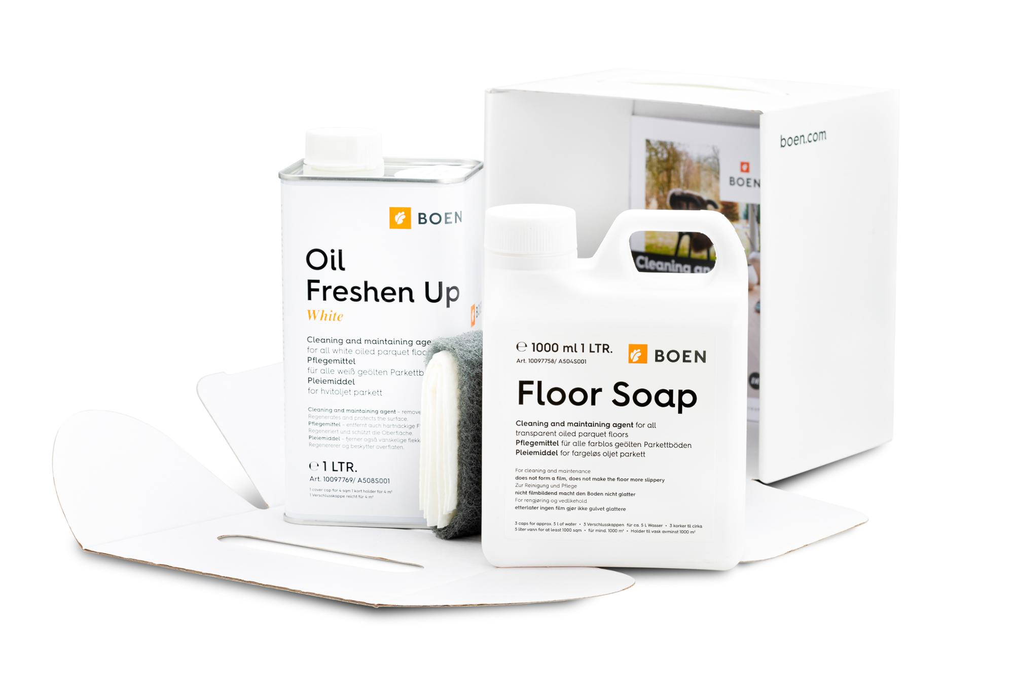 Valymo ir atnaujinimo rinkinys balintoms alyvuotoms grindims Boen: BOEN Care and maintenance kit for white oiled floors Content: 1 litre Floor Soap + 1 litre Oil Freshen Up white